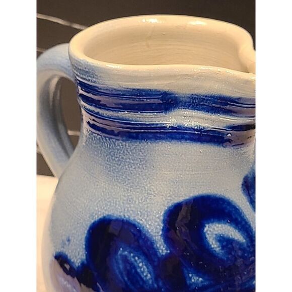 Vintage Salt-Glaze Pitcher Cobalt Blue Painted Stoneware Pottery Jug Vase EUC - Picture 11 of 11